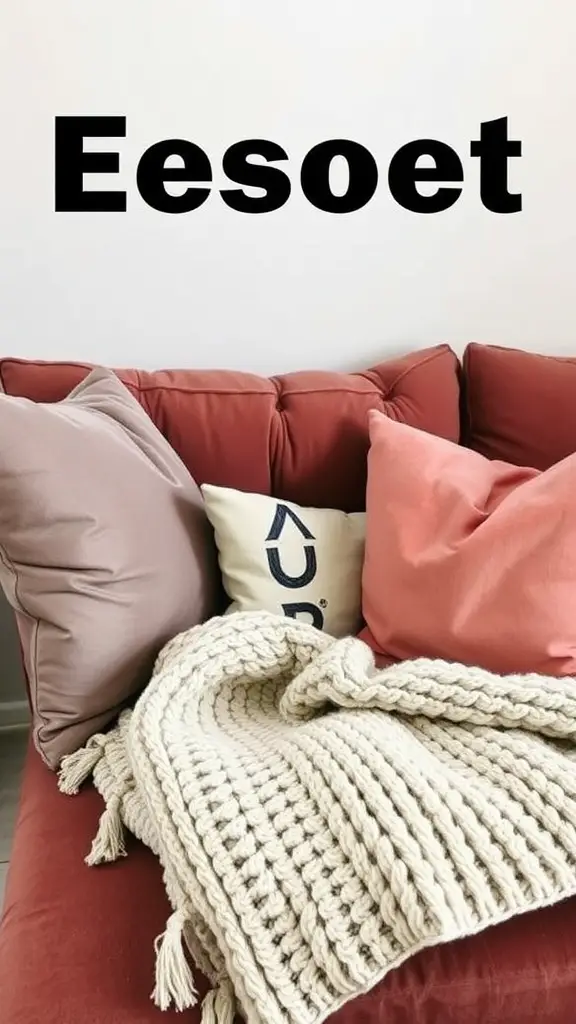 Cozy couch with plush pillows and a chunky knit blanket.