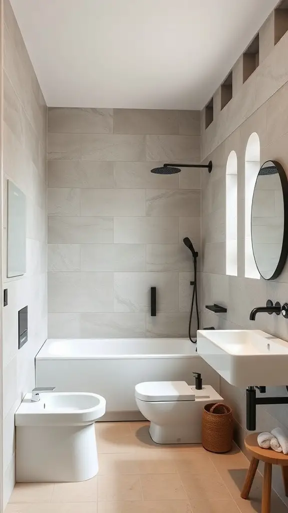 21 Stunning Scandinavian Bathroom Ideas You’ll Love 9 Modern Scandinavian bathroom featuring textured stone walls, sleek fixtures, and a minimalist design.