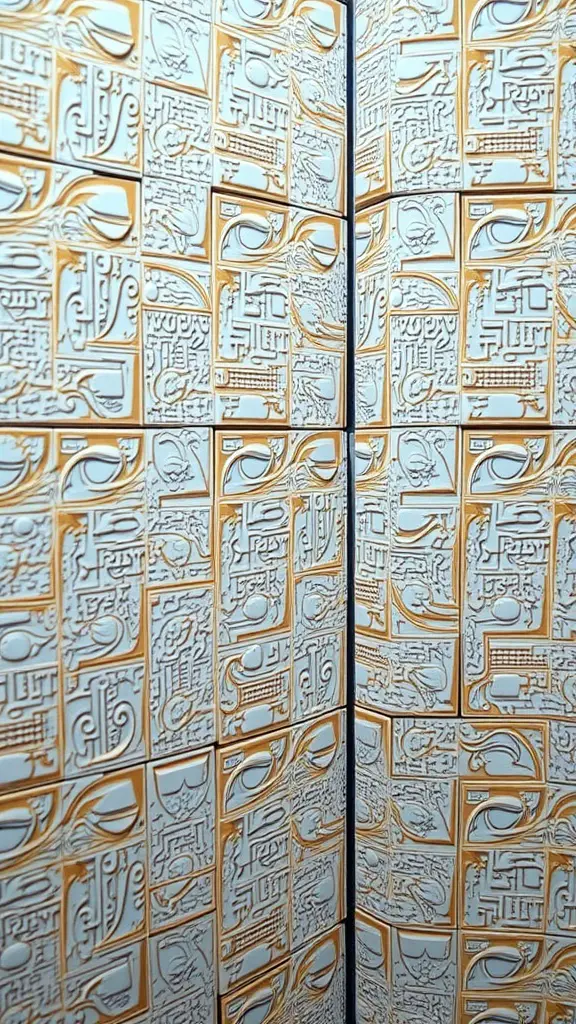 15 Fabulous 70s Bathroom Aesthetic Ideas to Inspire Your Renovation 5 A close-up view of textured wall tiles in cream and gold tones, showcasing intricate designs.