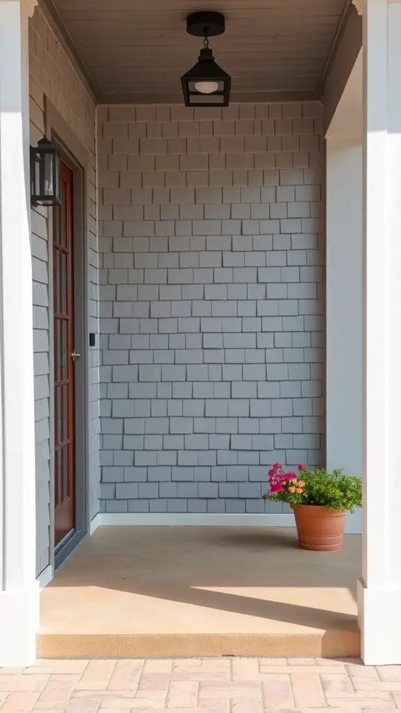 25 Stylish Porch Entryway Ideas to Upgrade Your Home's Curb Appeal 13 A porch with a textured gray shingle wall, a wooden door, and a flower pot
