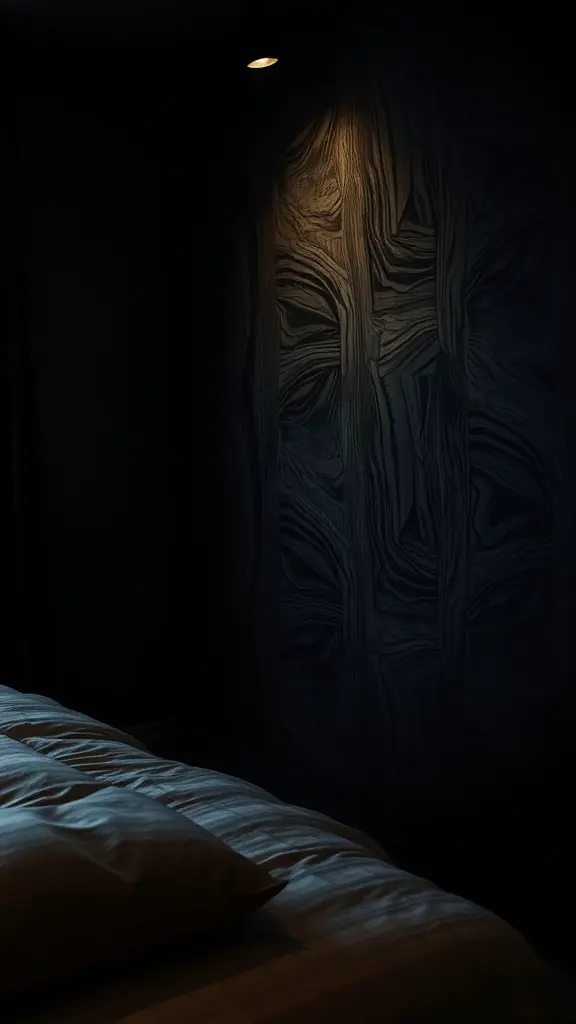 19 Cozy Dark Bedroom Aesthetic Ideas to Transform Your Space 7 A dimly lit bedroom with a textured wall and soft bedding