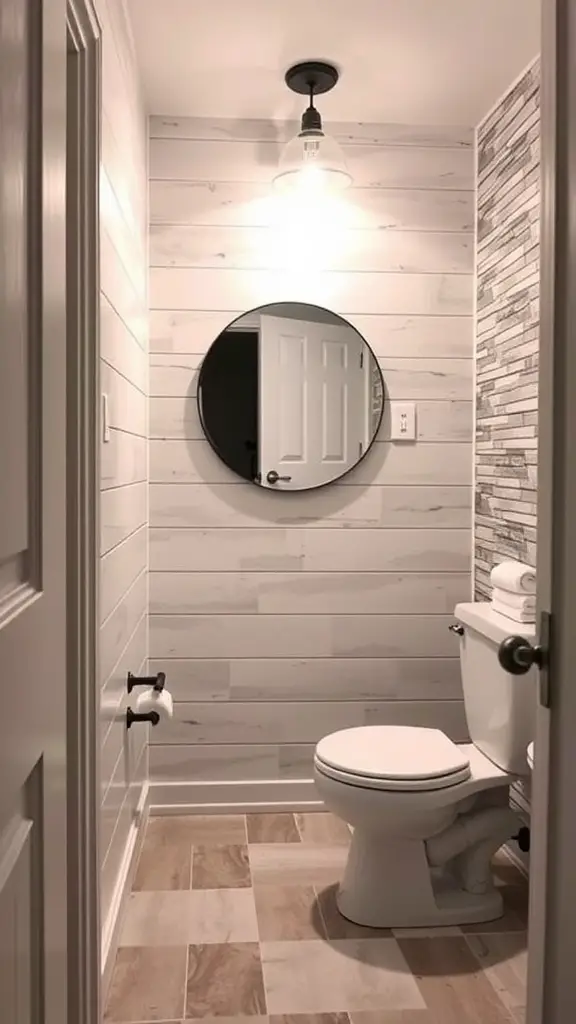21 Stunning Upstairs Bathroom Ideas You’ll Love 14 An upstairs bathroom featuring a mix of textured wall treatments, including smooth white planks and a stone-like wall, with a modern light fixture and round mirror.