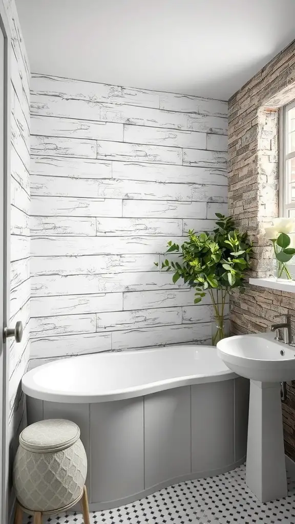 21 Timeless Bathroom Ideas to Transform Your Space 10 A modern bathroom featuring textured walls with wood and white finishes, a curved bathtub, a sink, and a plant.