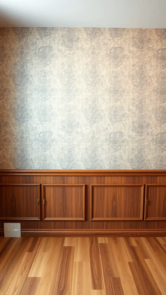 Textured wall treatment with patterned wallpaper and wooden paneling