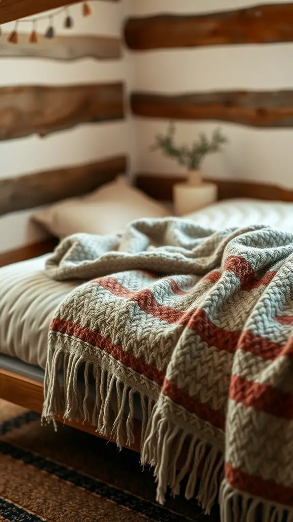 21 Cozy Bedding Ideas for Ultimate Comfort 6 A cozy bed with a wool throw blanket featuring a lovely pattern, enhancing the warmth and comfort of the sleeping space.