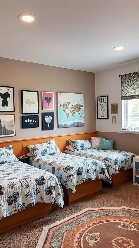 23 Creative Triple Dorm Room Ideas to Maximize Space and Style 9 A cozy triple dorm room featuring three beds with light blue patterned quilts, framed wall art, and a warm color palette.