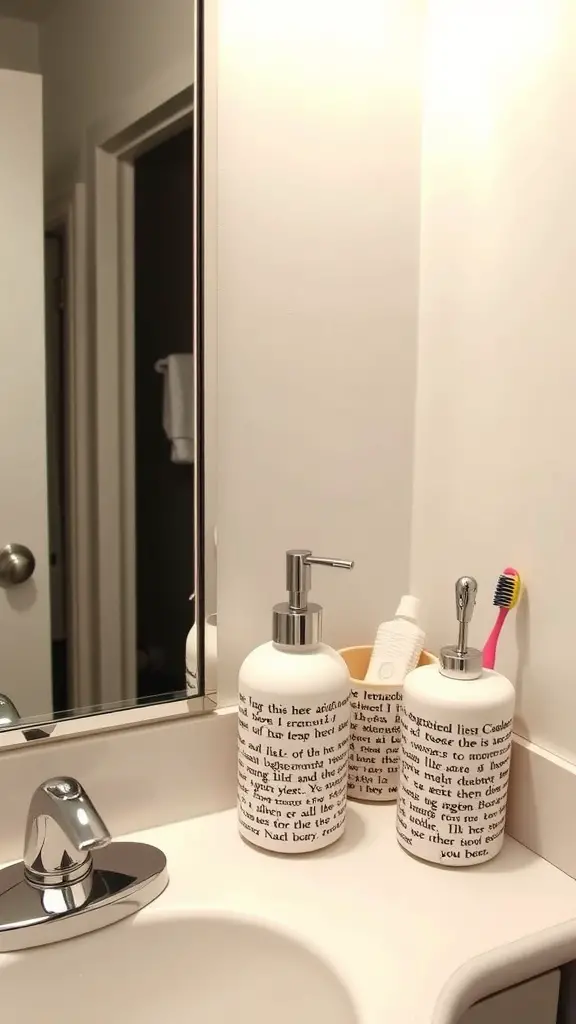 19 Creative Dorm Bathroom Ideas for a Stylish Space 12 A stylish dorm bathroom sink area featuring decorative soap dispensers with text designs, a toothbrush holder, and a clean mirror.