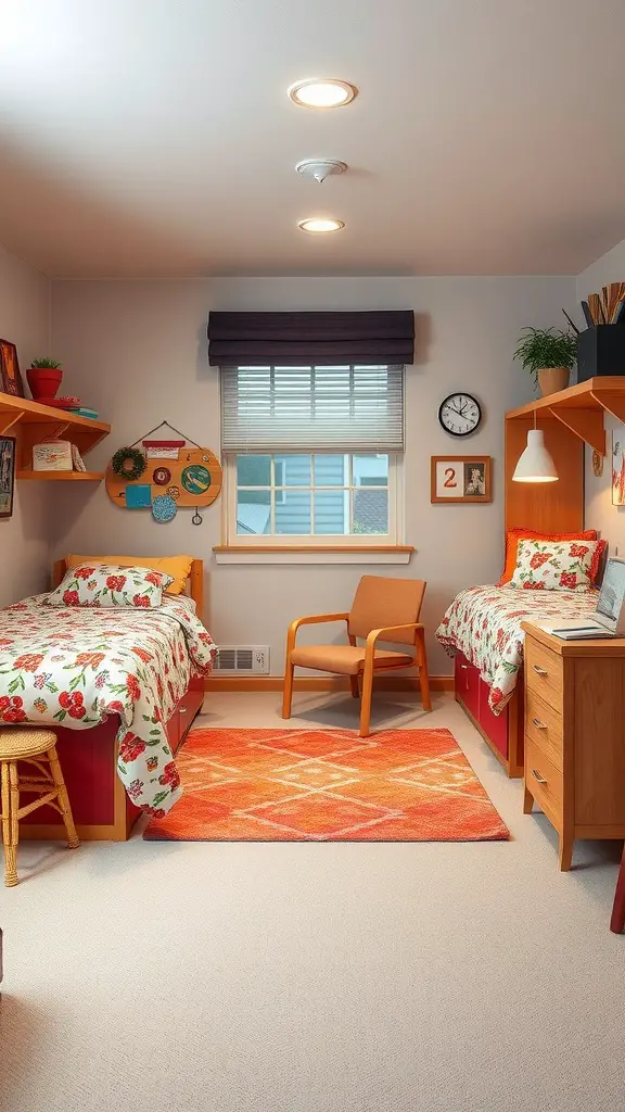 19 Stylish Dorm Room Ideas for a Cozy and Functional Space 12 A cozy dorm room with floral-themed bedding, warm lighting, and a bulletin board.