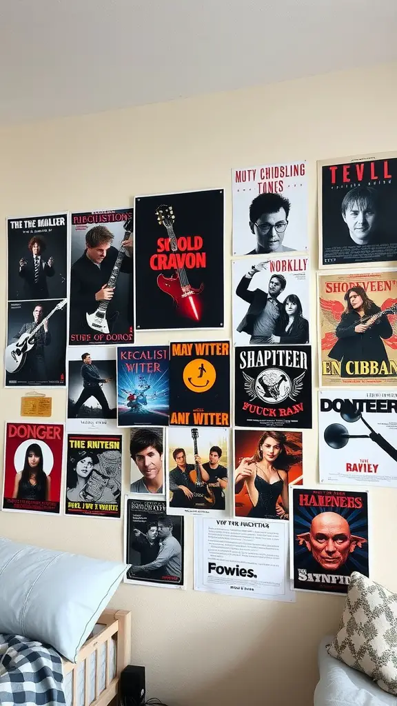 19 Creative Dorm Wall Decor Ideas to Personalize Your Space 15 A wall covered in various themed posters representing different musicians and personalities.