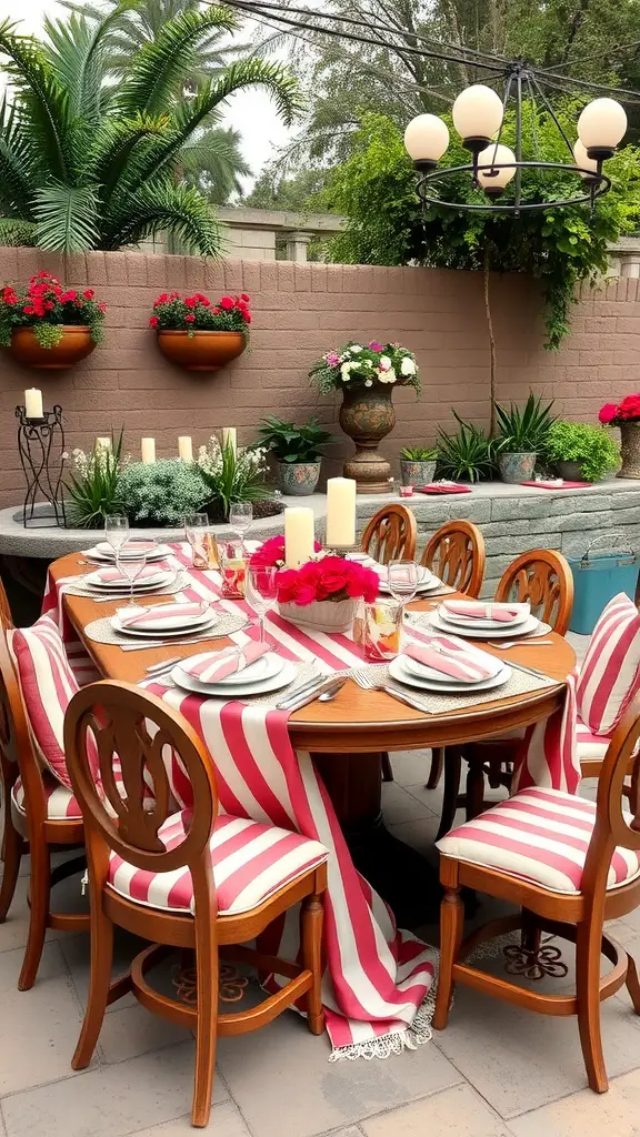 Outdoor table decor with striped tablecloth, vibrant roses, and lush greenery