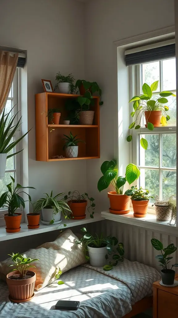 19 Creative Small Dorm Room Ideas to Maximize Your Space 14 A cozy dorm room corner filled with various plants on a windowsill and shelf, creating a fresh atmosphere.