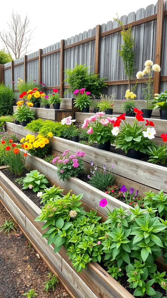 17 Creative Raised Flower Bed Ideas for Your Fence Garden 2 Image of tiered flower beds with colorful flowers in wooden planters along a fence.