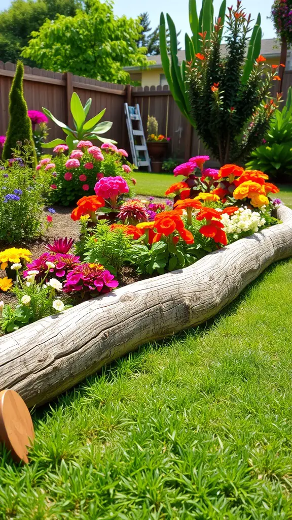 19 Creative Flower Bed Edging Ideas to Transform Your Garden 5 A flower bed edged with a timber log, surrounded by colorful flowers in a garden