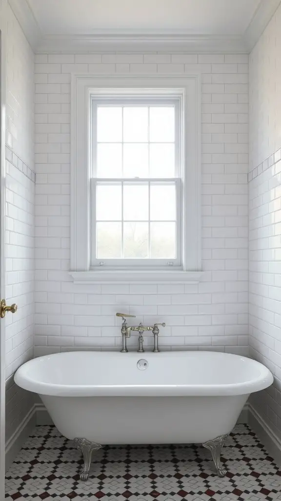21 Timeless Bathroom Ideas to Transform Your Space 16 A bathroom featuring white subway tiles on the walls, a classic freestanding bathtub, and natural light coming through a window.