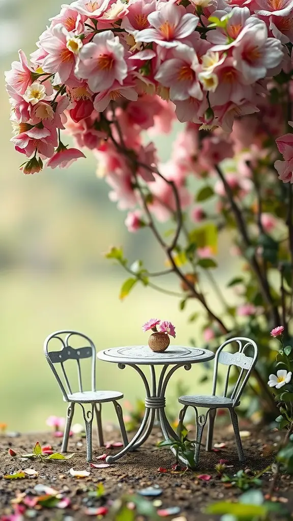 25 Enchanting Outdoor Fairy Garden Ideas to Inspire Your Creativity 10 A tiny metal table and two chairs set in a garden surrounded by pink flowers and petals.