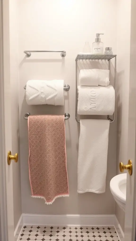 19 Stylish Small Main Bathroom Ideas to Maximize Space 13 A small bathroom with towel racks and a wire shelf for storage.