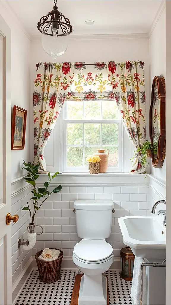 17 Charming Cafe Curtain Ideas for Your Bathroom Style 17 Bathroom featuring cafe curtains with a floral pattern, vintage decor, and natural light.