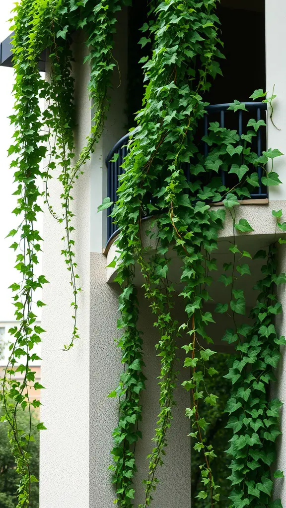 19 Creative Balcony Plant Ideas to Transform Your Space 5 Trailing ivy cascading over a balcony railing, creating a green and lush atmosphere.