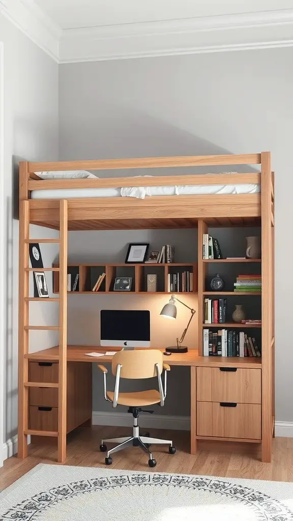 21 Creative Lofted Dorm Bed Ideas for Small Spaces 7 Lofted bed with a study space underneath, featuring a desk, computer, and shelves.