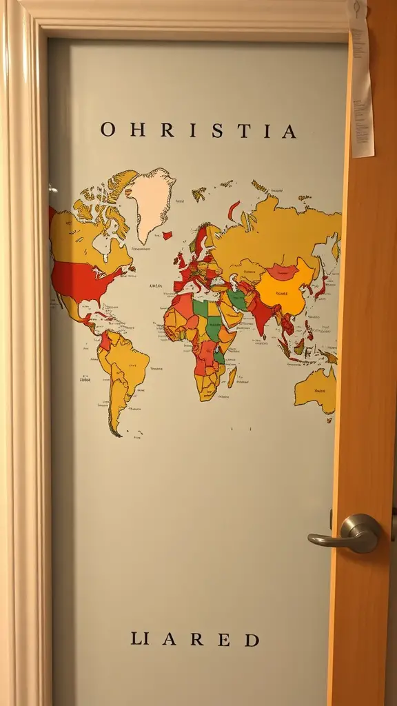21 Creative Dorm Door Decoration Ideas for a Personal Touch 5 World map with pushpins marking different countries on a dorm door.