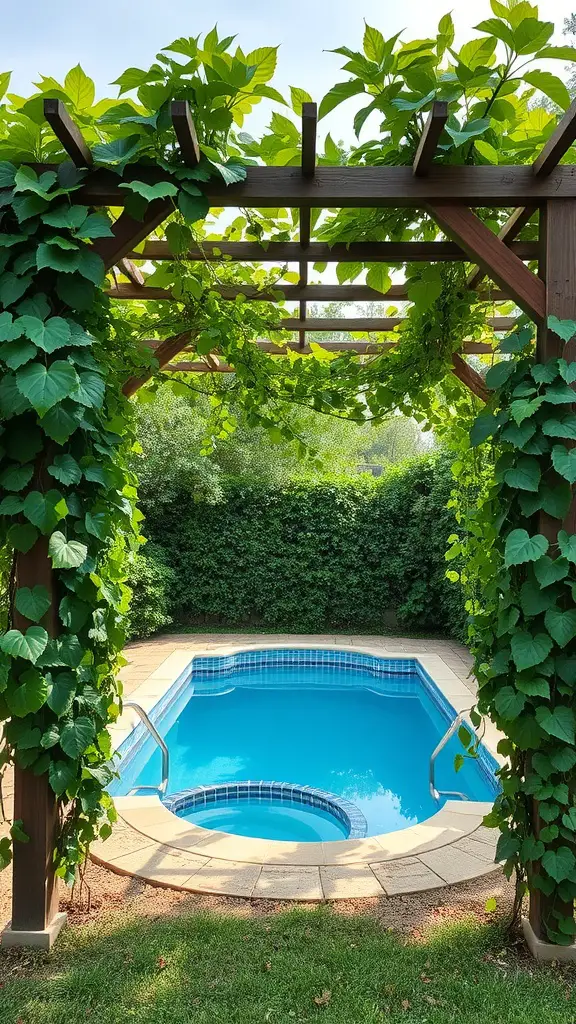 21 Creative Pool Equipment Enclosure Ideas for Your Backyard 12 A trellis with climbing vines surrounds a blue swimming pool, creating a beautiful outdoor space.