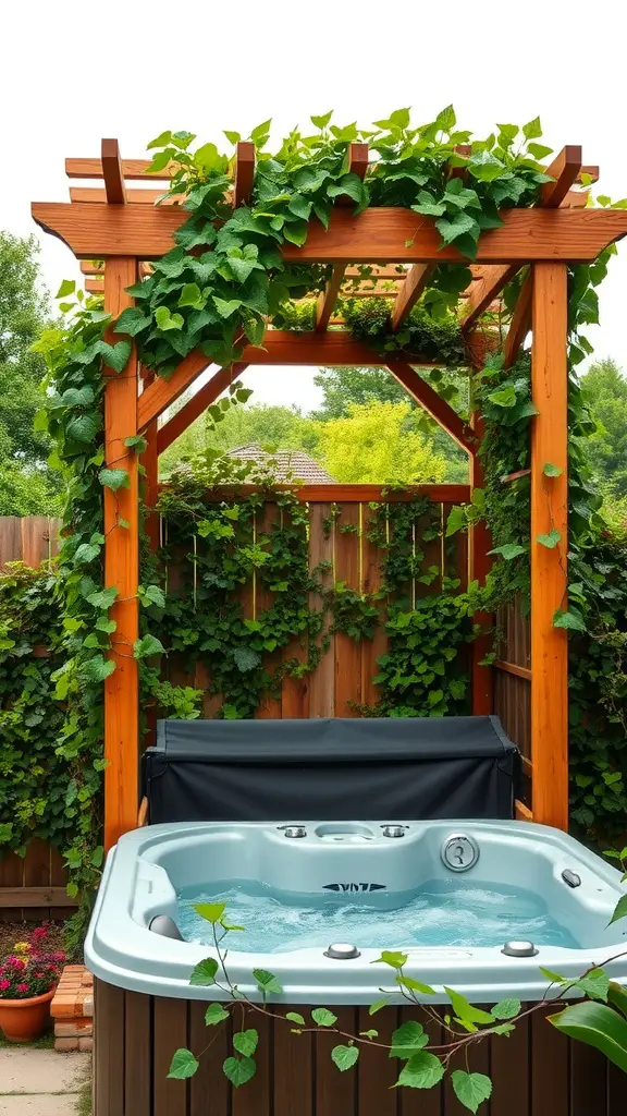 19 Creative Hot Tub Privacy Ideas for Ultimate Relaxation 6 A hot tub sheltered by a wooden trellis covered in climbing vines.