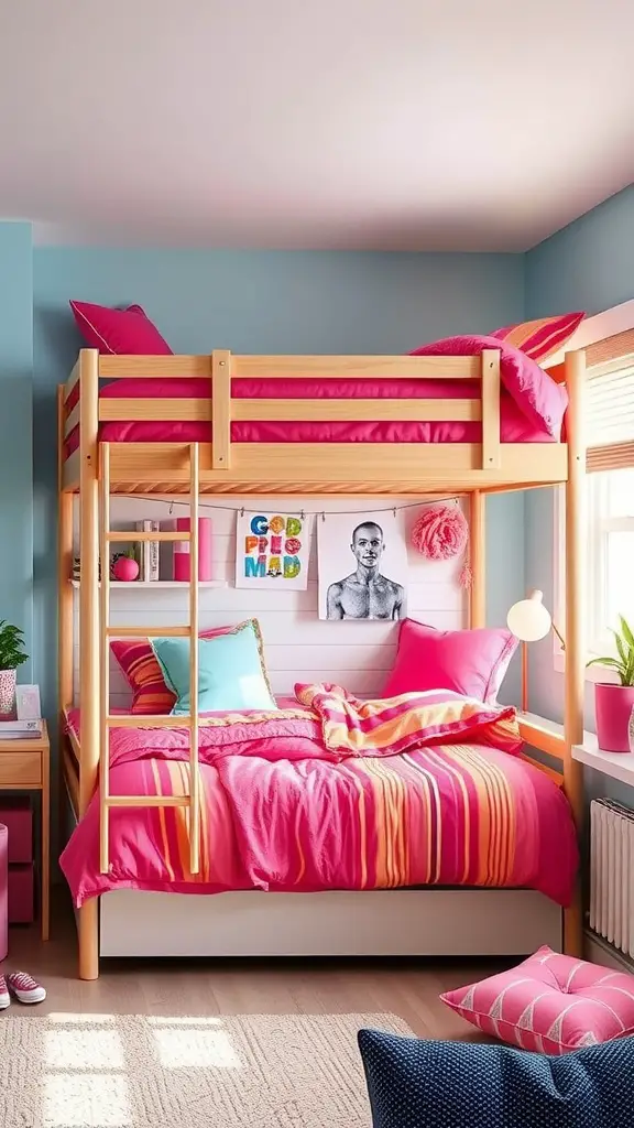 21 Creative Lofted Dorm Bed Ideas for Small Spaces 13 Colorful lofted bed with pink bedding and blue walls