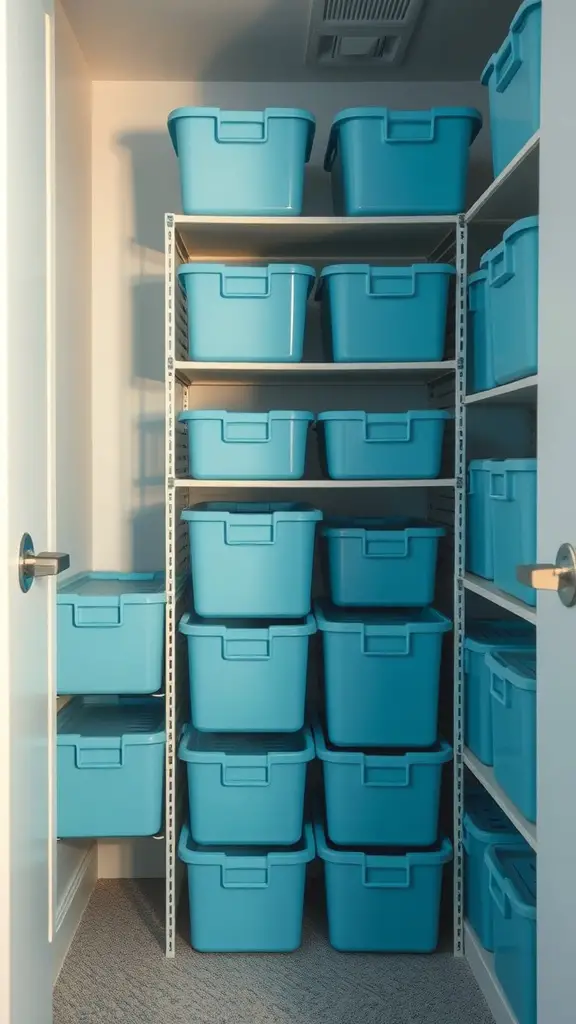 21 Charming Light Blue Dorm Room Ideas to Refresh Your Space 4 Organized storage area with light blue bins stacked on shelves.