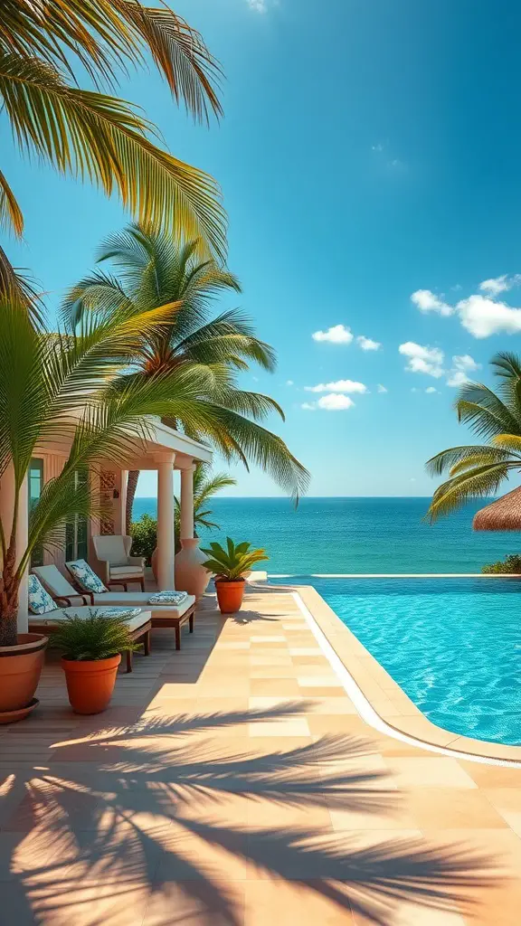 15 Stunning Pool House Ideas for Your Backyard Oasis 13 Tropical-themed pool house with palm trees and a view of the ocean.