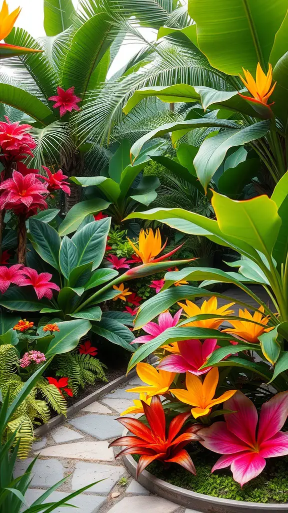vibrant tropical flower garden with colorful flowers and large leaves