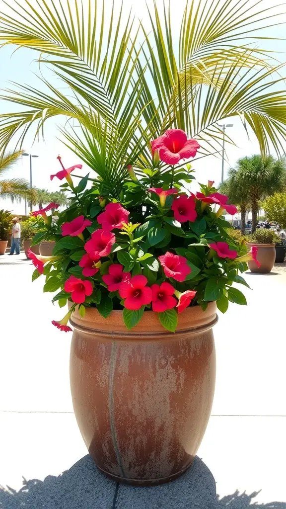 15 Stunning Planter Ideas for Full Sun Gardens 8 A tropical planter featuring pink hibiscus flowers and palm fronds in a terracotta pot.