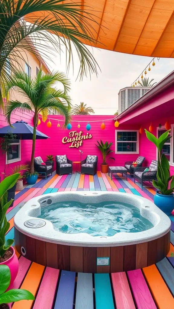A vibrant deck with a hot tub surrounded by colorful wooden planks and tropical plants.