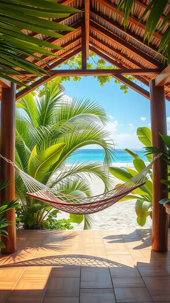 15 Stunning Pool Cabana Ideas for Ultimate Relaxation 8 A tropical cabana with a hammock and a view of the beach, surrounded by palm trees