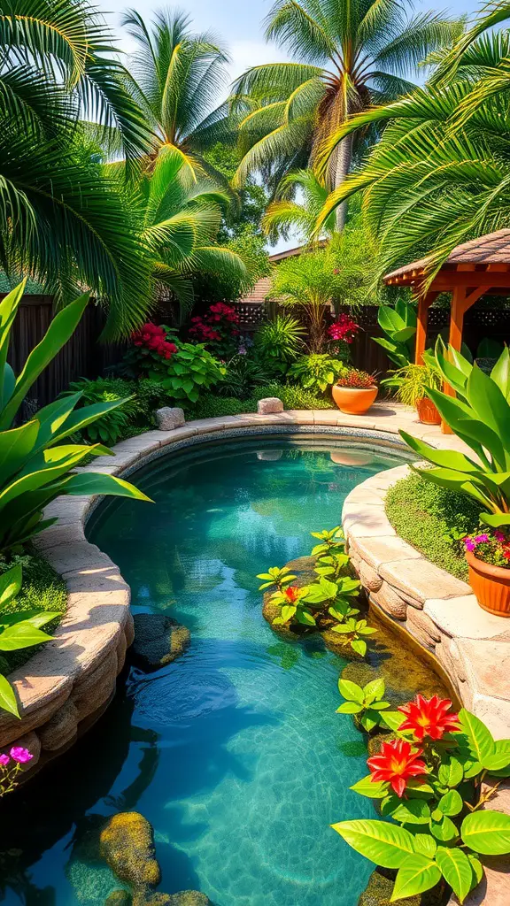 13 Dreamy Lazy River Pool Ideas for Your Backyard Transformation 4 A tropical backyard with a lazy river surrounded by palm trees and colorful flowers.