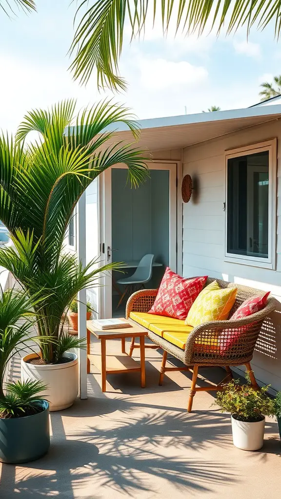 15 Creative Mobile Home Porch Ideas for a Cozy Outdoor Space 12 A cozy mobile home porch with palm plants and colorful cushions.