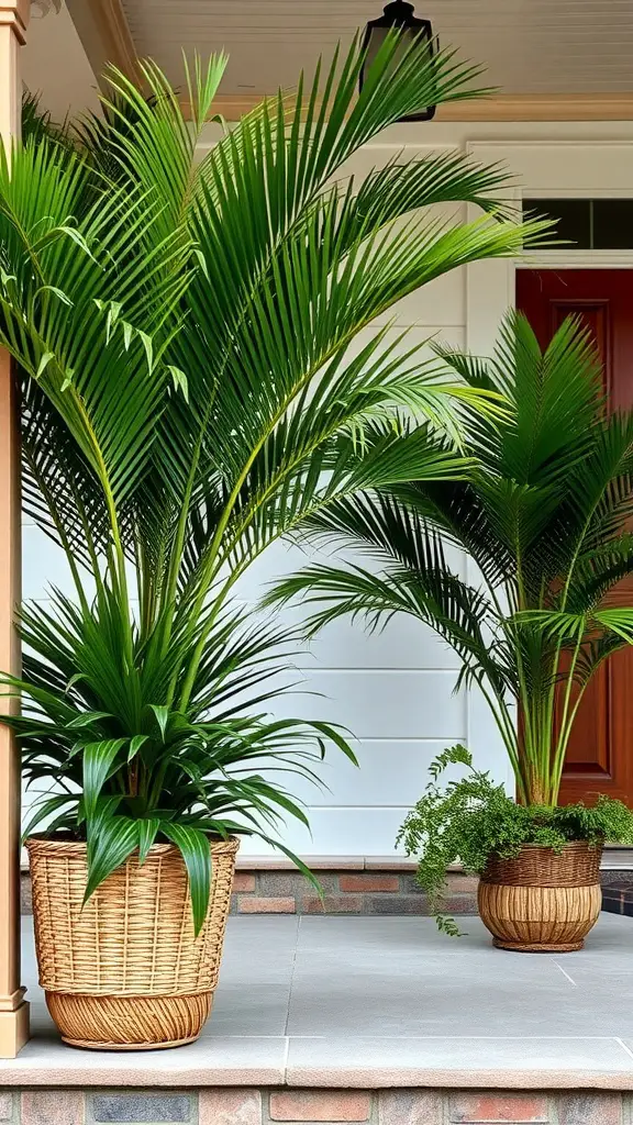 21 Stunning Faux Plants to Elevate Your Front Porch Decor 11 Two tropical palm plants in decorative baskets on a front porch