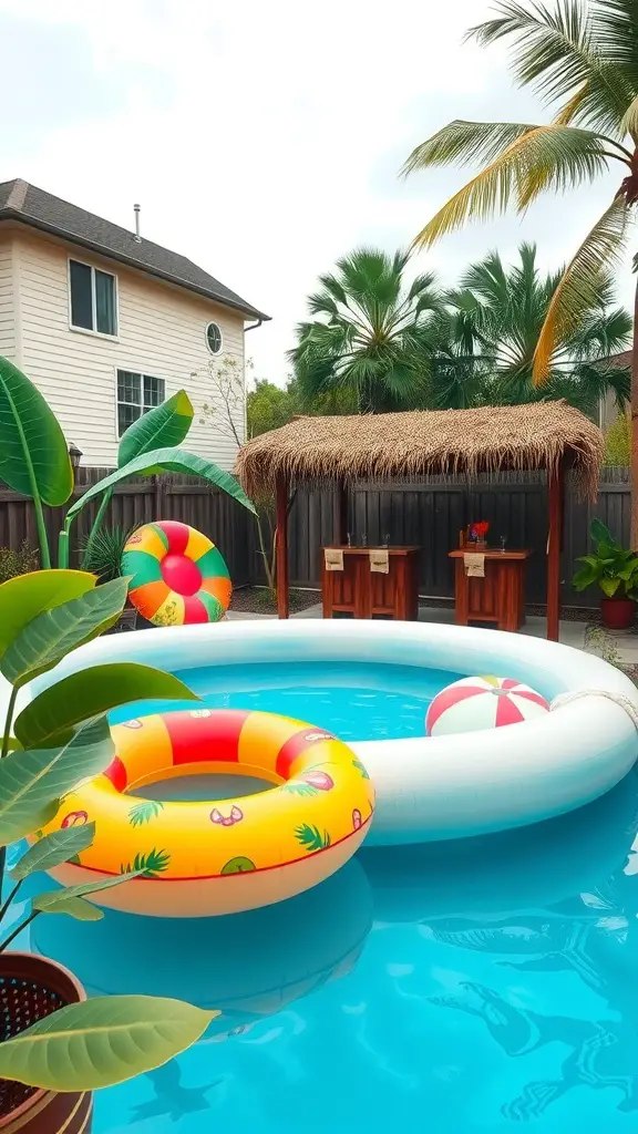 21 Inspiring Inflatable Pool Ideas for Your Backyard Oasis 5 Backyard inflatable pool with tropical theme, surrounded by palm trees and colorful floats
