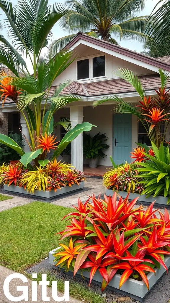 25 Beautiful Raised Flower Bed Ideas for Your Front House 11 Vibrant tropical plants in raised beds in front of a house