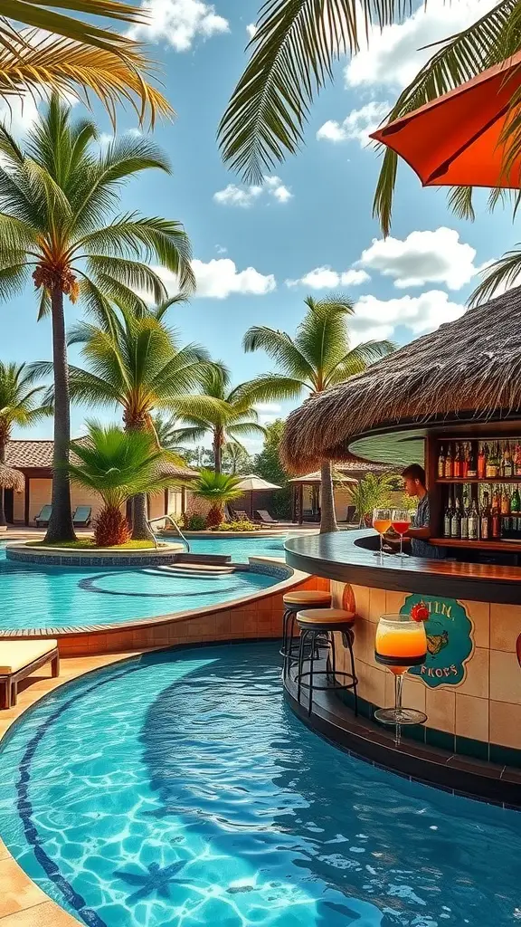 13 Dreamy Lazy River Pool Ideas for Your Backyard Transformation 13 A tropical themed poolside bar surrounded by palm trees and a pool.