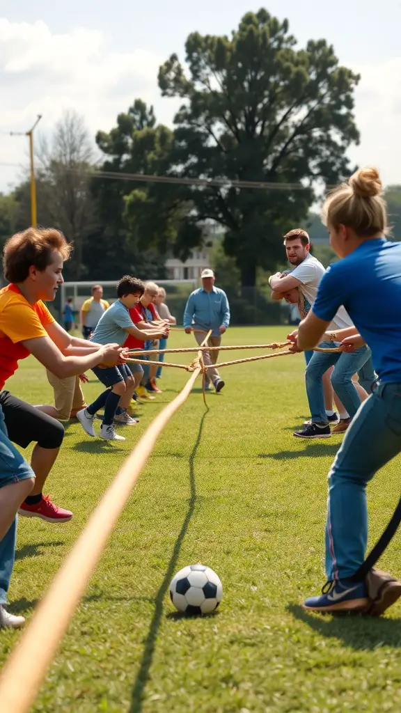 23 Fun Outdoor Party Games for Unforgettable Gatherings 5 Participants engaged in a Tug of War competition on a sunny day.