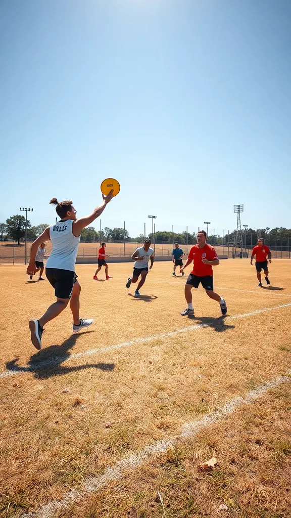 25 Exciting Outdoor Games for Fun-filled Adventures 8 Group of people playing Ultimate Frisbee on a sunny field, with one player throwing a yellow frisbee.