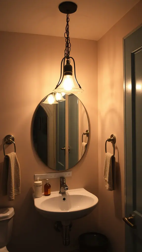 29 Funky Bathroom Ideas to Transform Your Space 7 A stylish bathroom featuring a unique pendant light hanging over a sink and mirror.