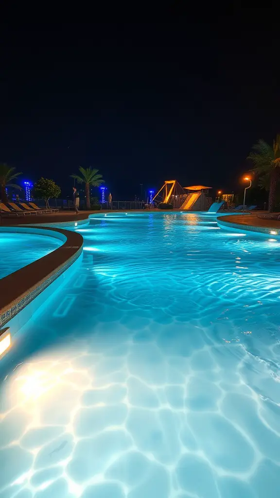 13 Dreamy Lazy River Pool Ideas for Your Backyard Transformation 8 A beautifully lit lazy river pool at night with underwater LED lights.