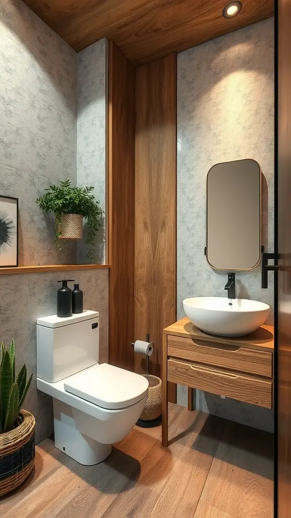 29 Funky Bathroom Ideas to Transform Your Space 13 Modern bathroom featuring a wooden wall, white sink, toilet, mirror, and a potted plant.