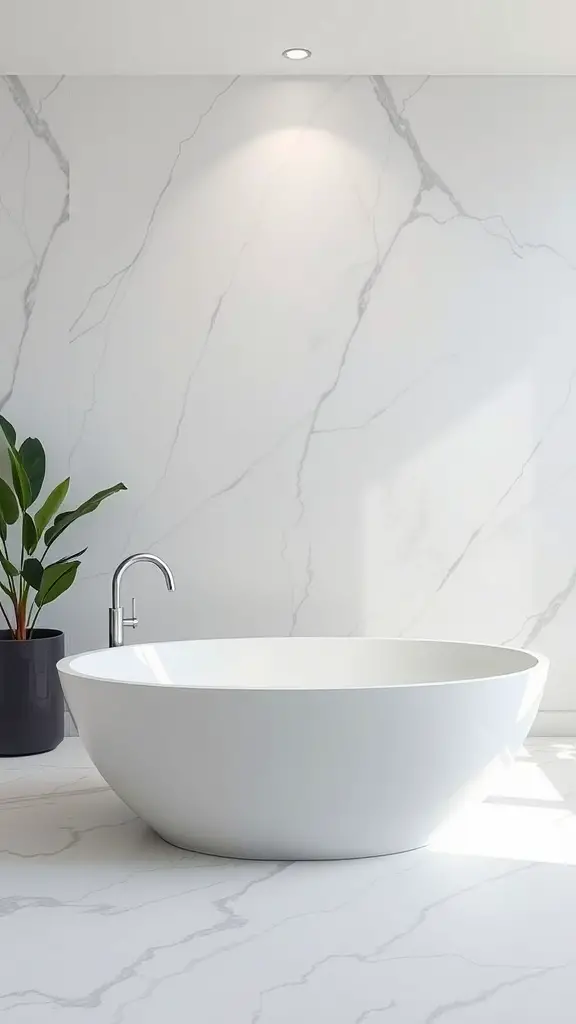 29 Funky Bathroom Ideas to Transform Your Space 14 A modern freestanding bathtub in a stylish bathroom with marble walls and a potted plant.