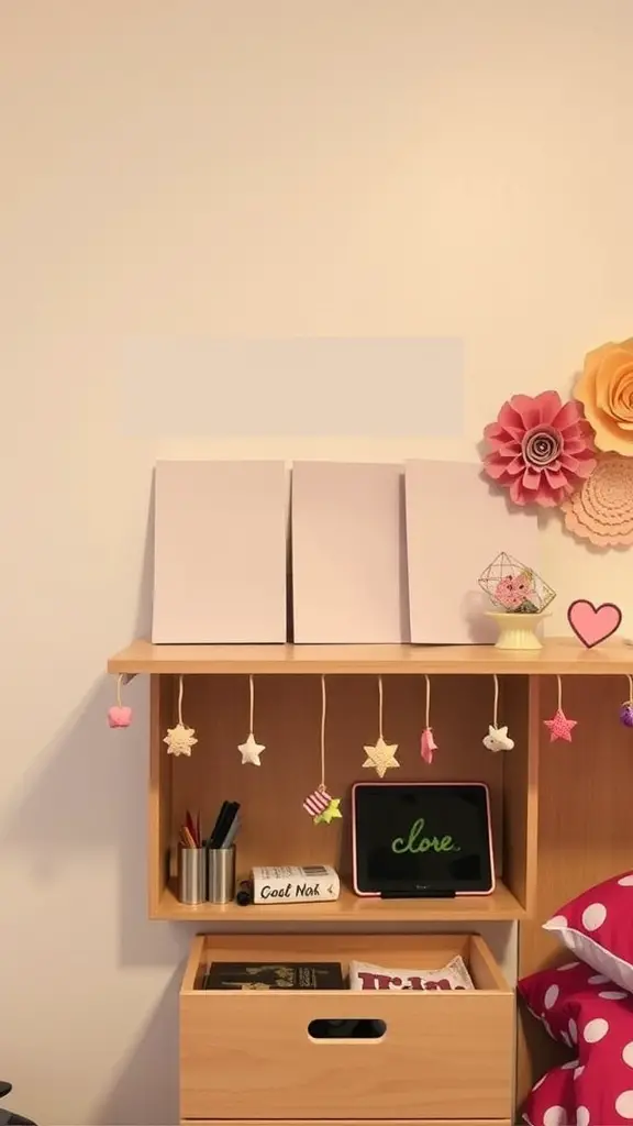 15 Adorable Dorm Room Ideas to Transform Your Space 16 A cozy dorm room workspace with paper flowers, string lights, and organized storage
