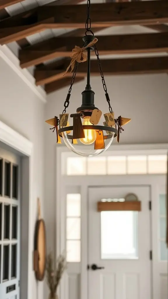 19 Stunning Modern Farmhouse Lighting Ideas to Illuminate Your Space 16 A pendant light with a rustic design, featuring a glass shade and decorative wooden accents, hanging from a chain in a modern farmhouse setting.