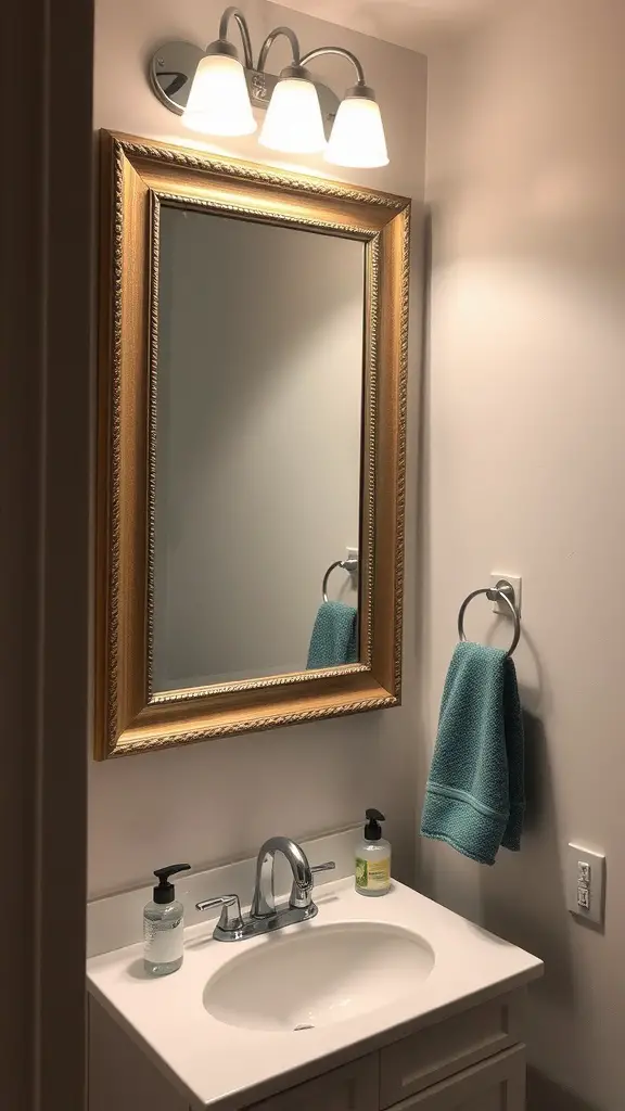 19 Creative Dorm Bathroom Ideas for a Stylish Space 9 A dorm bathroom featuring a stylish gold-framed mirror above a sink, with soft lighting and a towel hanging nearby.