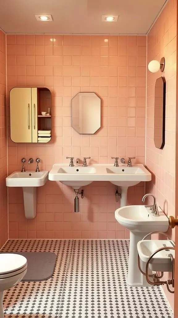 15 Fabulous 70s Bathroom Aesthetic Ideas to Inspire Your Renovation 13 A retro 70s bathroom with pink tiles and unique sink designs.