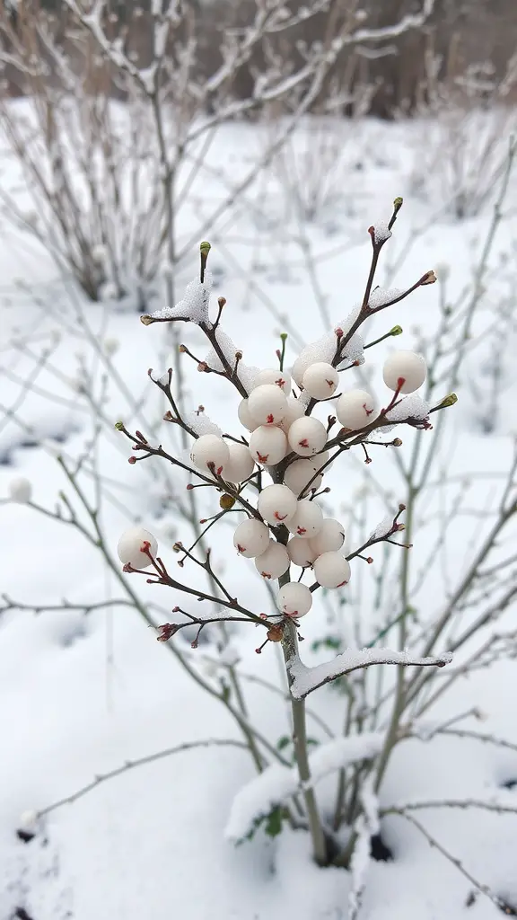 23 Stunning Flowering Shrubs to Transform Your Garden 16 A close-up of Snowberry shrubs with white berries, surrounded by snow.